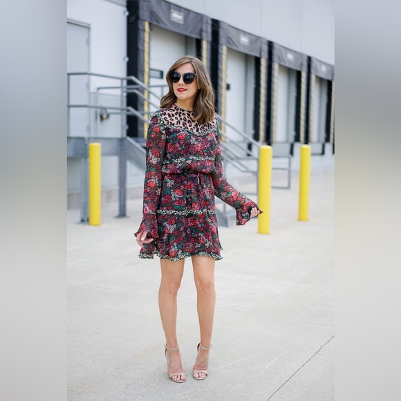 Anthropologie Scotch & Soda Leopard & Lillies Floral Long Sleeve Mini Dress Chic - Picture 2 of 16